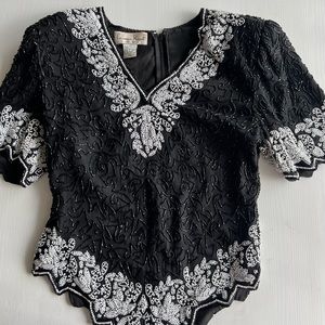 Vtg Laurence Kazar Sequin  Top Size PS Black Silver Silk Beaded Blouse Party